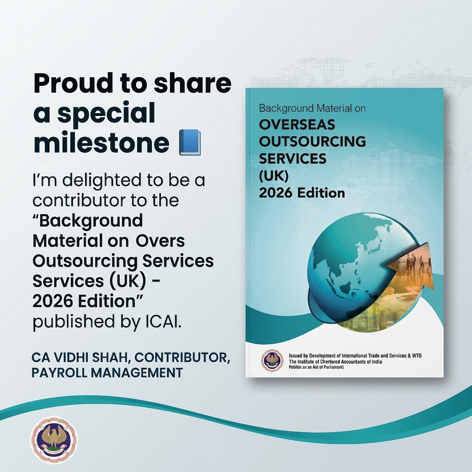 Background Material on Overseas Outsourcing Services (UK) 2026 Edition — ICAI publication featuring CA Vidhi Nirav Shah as contributor for the Payroll Management chapter